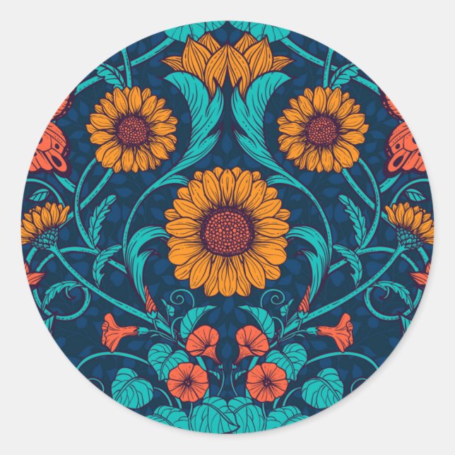 Art Nouveau daisies in blue and yellow Classic Round Sticker (Front)