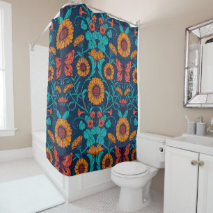 Art Nouveau daisies in blue and yellow Shower Curtain