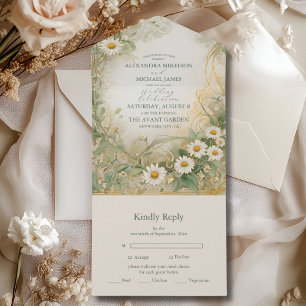 Art Nouveau Daisies Ivory Green Wedding All In One Invitation