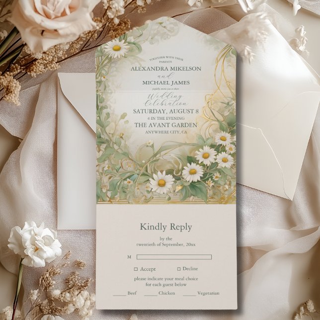 Art Nouveau Daisies Ivory Green Wedding All In One Invitation (Creator Uploaded)