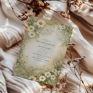 Art Nouveau Daisies Ivory Green Wedding Invitation