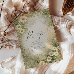 Art Nouveau Daisies Ivory Green Wedding RSVP Card