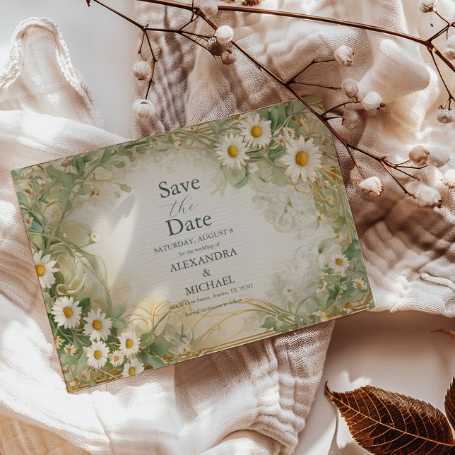 Art Nouveau Daisies Ivory Green Wedding Save The D Date (Creator Uploaded)