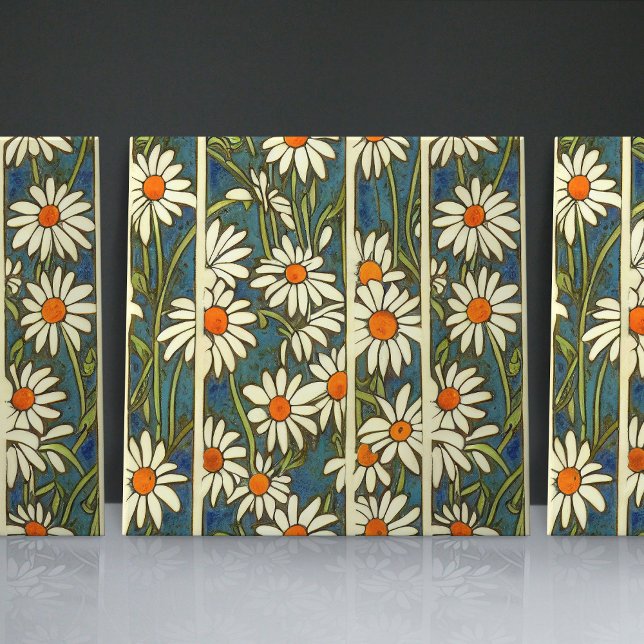 Art Nouveau Daisies Seamless white blue florals Ceramic Tile (Creator Uploaded)