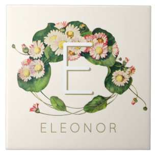 Art Nouveau Daisies Wreath Monogram to Personalise Ceramic Tile