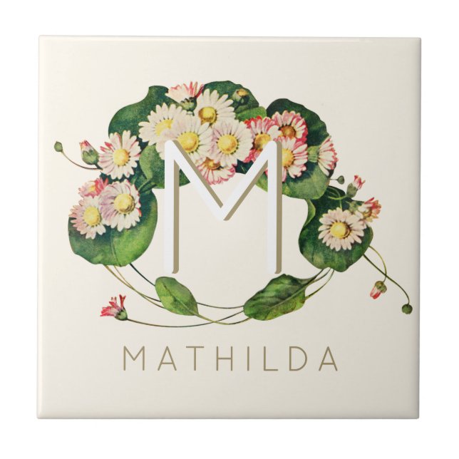 Art Nouveau Daisies Wreath Monogram to Personalise Ceramic Tile (Front)