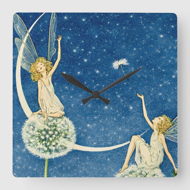 Art Nouveau Dandelion Fairy Illustration Square Wall Clock (Front)