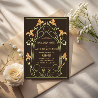Art nouveau dark brown elegant wedding invitation