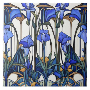 Art Nouveau Deco Blue & White Iris Flower Floral Ceramic Tile