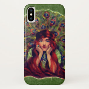 Art nouveau deco elegant woman peacock feathers  iPhone x case