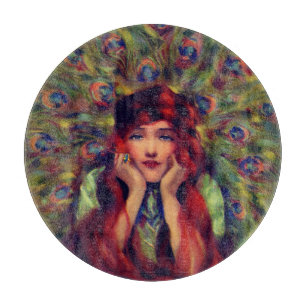 Art nouveau deco elegant woman peacock feathers cutting board