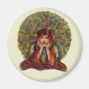 Art nouveau deco elegant woman peacock feathers  magnet