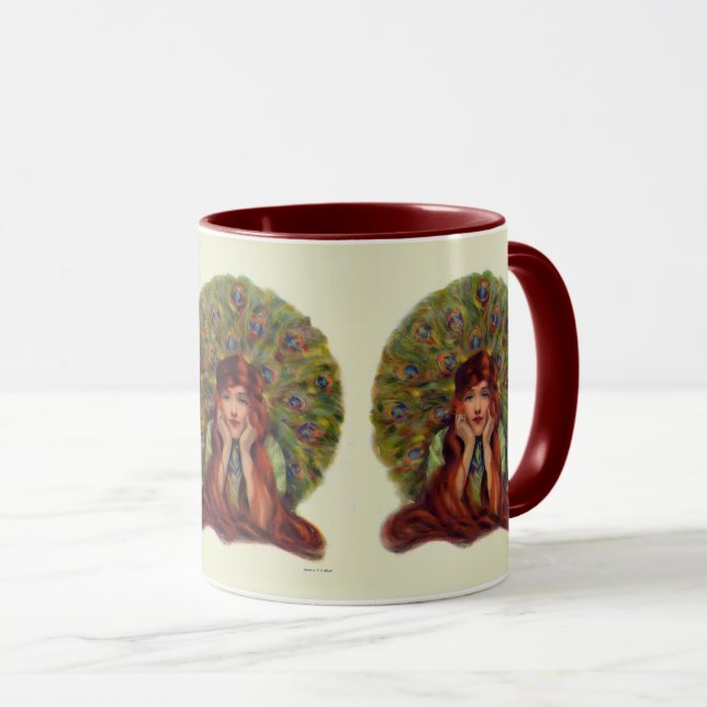 Art nouveau deco elegant woman peacock feathers  mug (Front Right)
