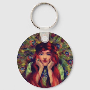 Art nouveau deco woman peacock feather elegant   key ring