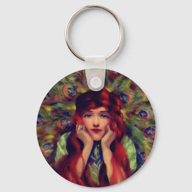 Art nouveau deco woman peacock feather elegant   key ring (Front)
