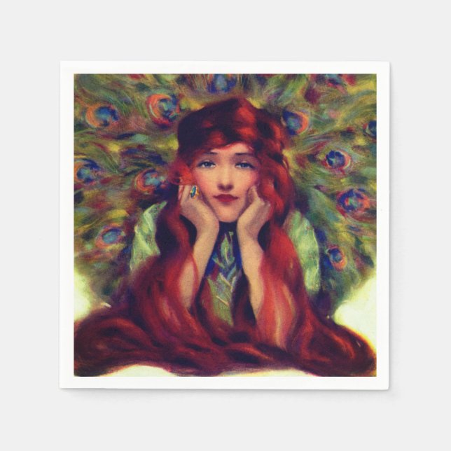 Art nouveau deco woman peacock feathers elegant  napkin (Front)