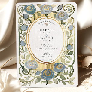 Art Nouveau Dusty Blue & Gold Roses Wedding Invitation