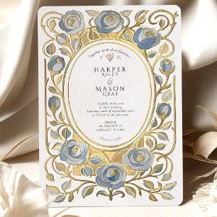 Art Nouveau Dusty Blue & Gold Roses Wedding Invitation