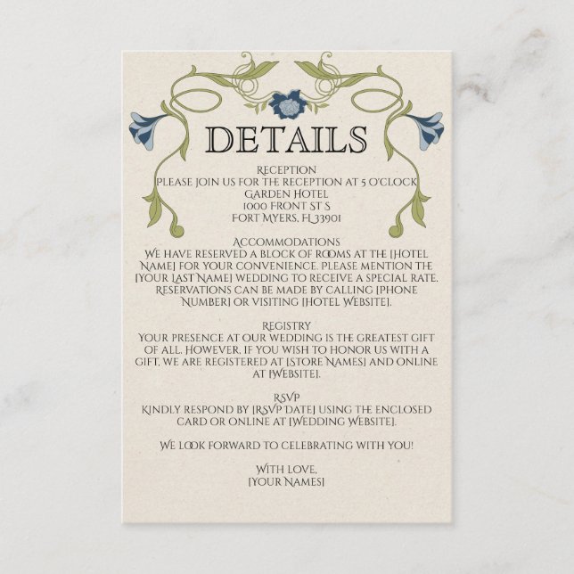 Art Nouveau Dusty Blue Navy Flowers Green Wedding Enclosure Card (Front)