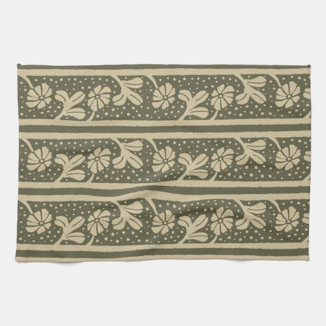 Art Nouveau Elegant Flowers Beige and Sage Green Tea Towel (Horizontal)