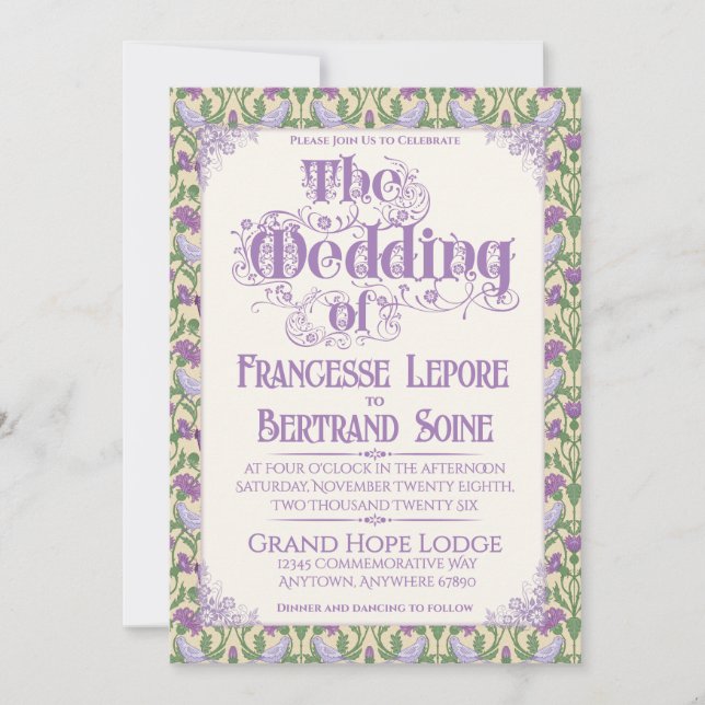 Art Nouveau Elegant Lovebirds Light Yellow Wedding Invitation (Front)