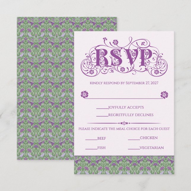 Art Nouveau Elegant Lovebirds Lilac RSVP Card (Front/Back)