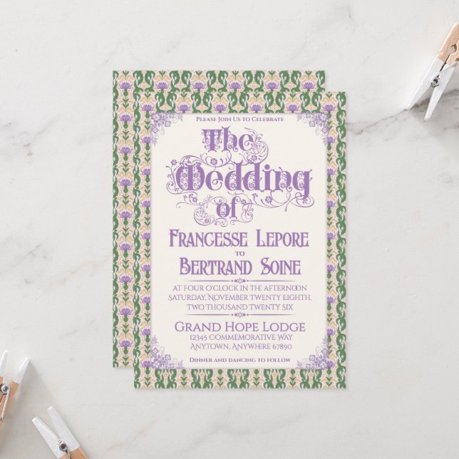 Art Nouveau Elegant Thistle Butter Yellow Invitation (Front/Back In Situ)