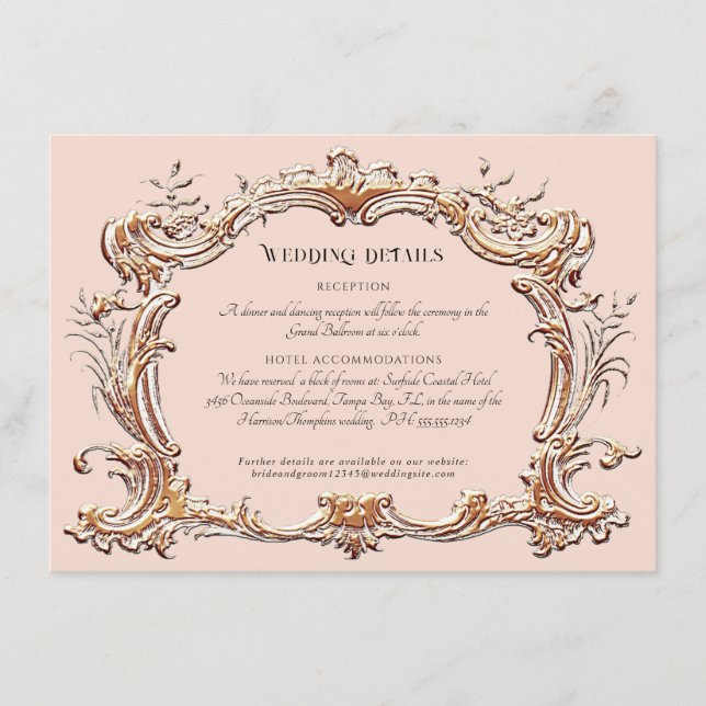 Art Nouveau Elegant Wedding Details Pink and Gold  Enclosure Card (Front)