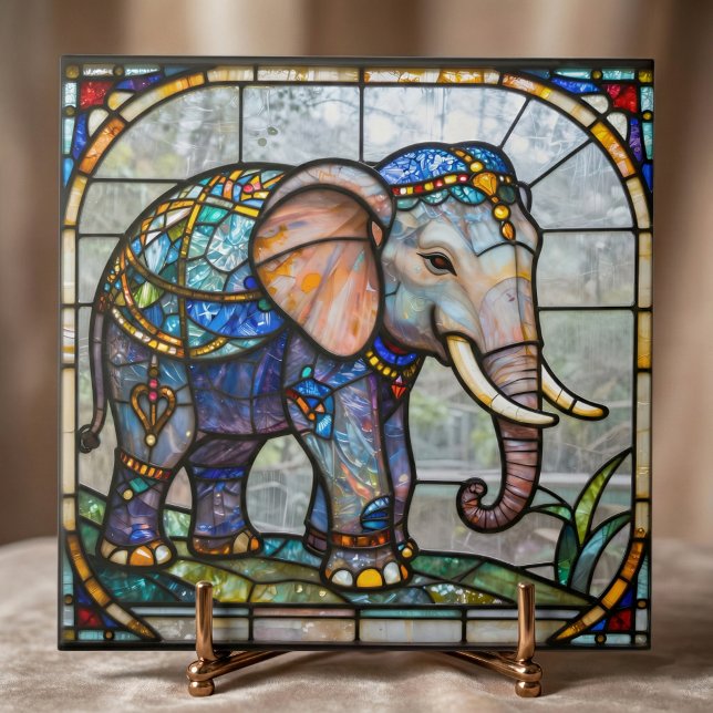 Art Nouveau Elephant Faux Stained Glass Mosaic Art Ceramic Tile (Creator Uploaded)