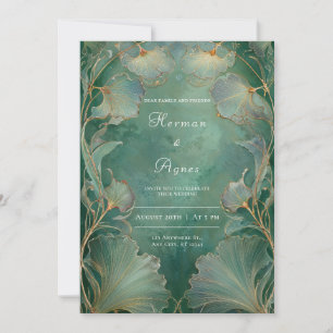 Art Nouveau Emerald Green Gold Ginkgo Leaf Wedding Invitation
