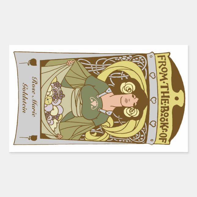 Art Nouveau Ex Libris bookplate, hand coloured Rectangular Sticker (Front)