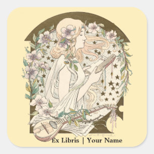 Art Nouveau Ex Libris Girl With Book & Stars Square Sticker