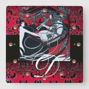 ART NOUVEAU FAUN Red Burgundy,Black Damask Square Wall Clock