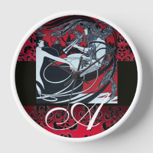 ART NOUVEAU FAUN Red Burgundy,Black Damask Wall Clock