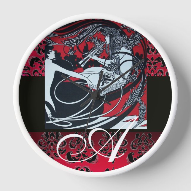 ART NOUVEAU FAUN Red Burgundy,Black Damask Wall Clock (Front)
