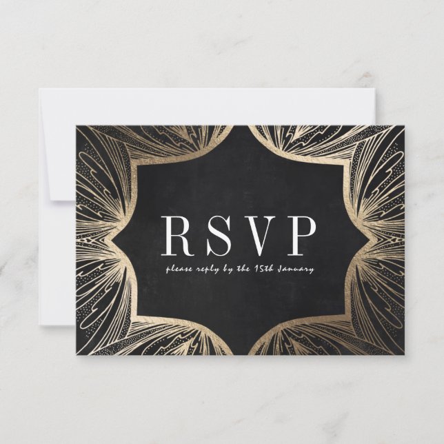 Art Nouveau faux gold Wedding RSVP card, (Front)