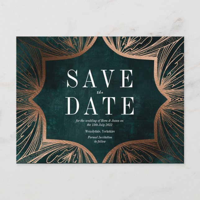 Art Nouveau  faux gold Wedding SAVE THE DATE Postcard (Front)