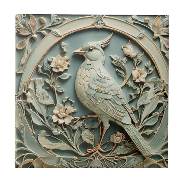Art Nouveau Faux Relief Bird Fancy Floral Ceramic Tile (Front)