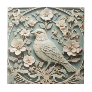 Art Nouveau Faux Relief Bird Flower Blossoms Mint Ceramic Tile
