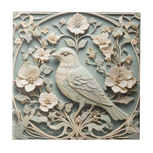 Art Nouveau Faux Relief Bird Flower Blossoms Mint Ceramic Tile (Front)