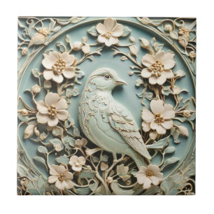 Art Nouveau Faux Relief Bird & Spring Flowers Mint Ceramic Tile
