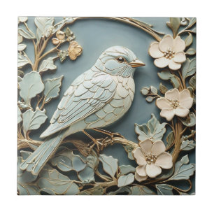 Art Nouveau Faux Relief Bluebird Bird Right facing Ceramic Tile