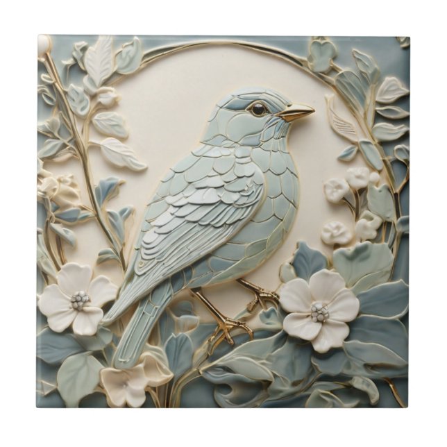 Art Nouveau Faux Relief Bluebird Bird Right Mint Ceramic Tile (Front)