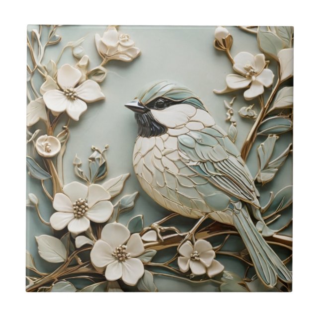 Art Nouveau Faux Relief Chickadee Bird Mint Floral Ceramic Tile (Front)