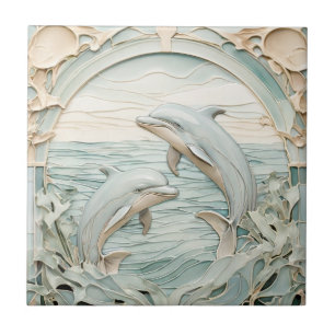 Art Nouveau Faux Relief Dolphins Mint Blue & White Ceramic Tile