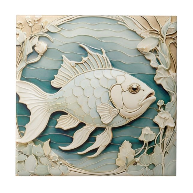 Art Nouveau Faux Relief Fish Sea Nautical Right Ceramic Tile (Front)