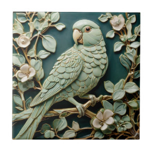 Art Nouveau Faux Relief L Parakeet Bird Teal Green Ceramic Tile