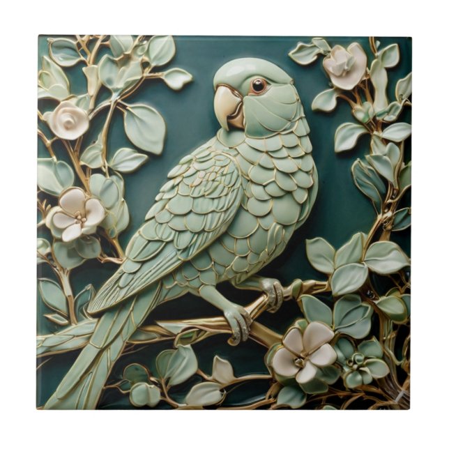 Art Nouveau Faux Relief L Parakeet Bird Teal Green Ceramic Tile (Front)