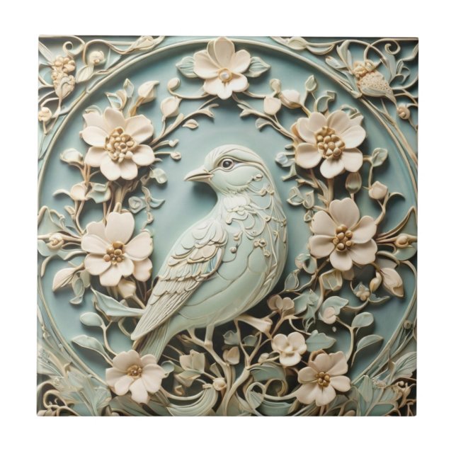 Art Nouveau Faux Relief Left Bird Floral Mint Ceramic Tile (Front)