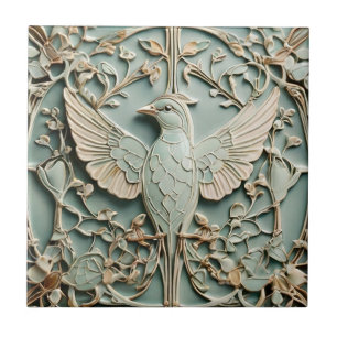 Art Nouveau Faux Relief Left Bird Pastel Mint Ceramic Tile